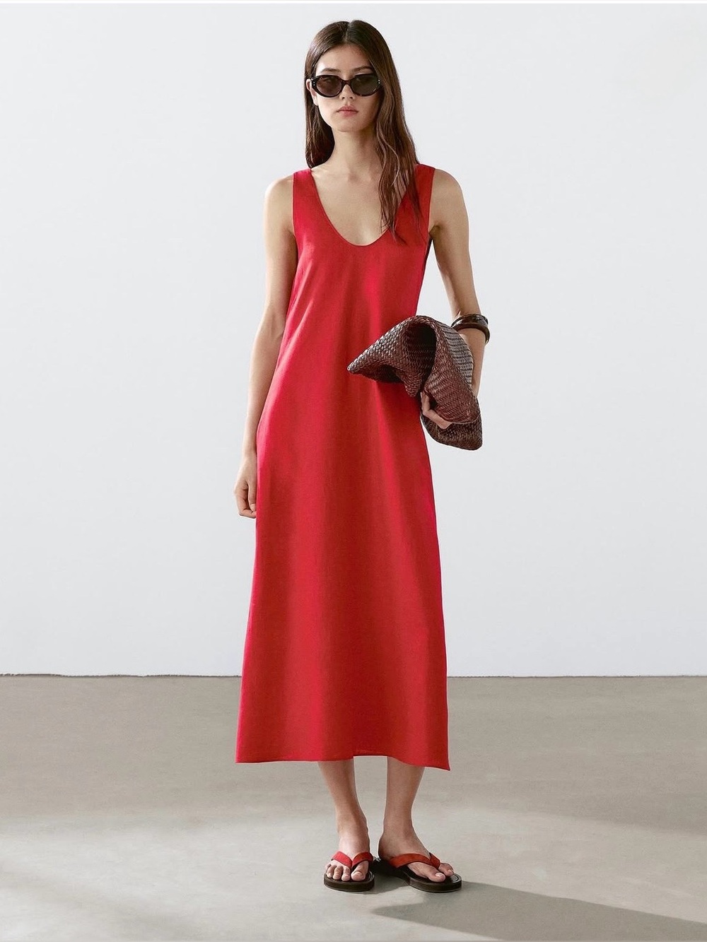 Massimo Dutti Red Sleeveless V-Neck Maxi Linen Dress - Women